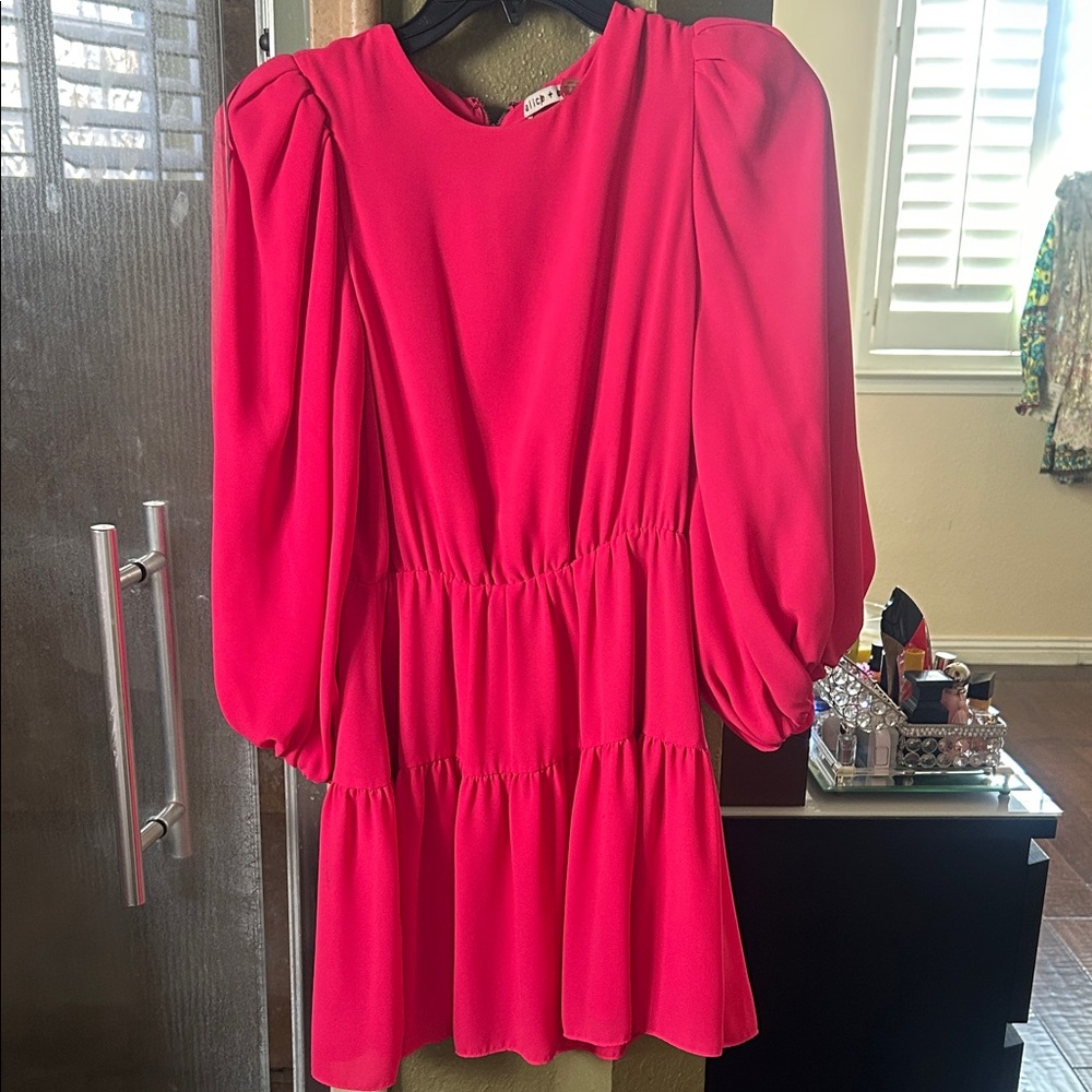 Alice + Olivia hot pink Mini Dress with shoulder pads and puffy 3/4 sleeves